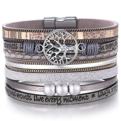 Leather Wrap Bracelets for Women, Boho Leopard Multi-Layer Crystal Beads Cuff Jewelry - color: J-Warp-005