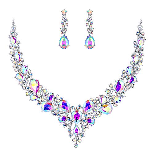Women's Wedding Statement Necklace Dangle Earring Jewelry | Austrian Crystal Teardrop Cluster,Necklaces Earrings Set for Bride Bridesmaid,Prom Accessories - color: 16-Iridescent AB Silver-Tone