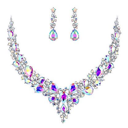 Women's Wedding Statement Necklace Dangle Earring Jewelry | Austrian Crystal Teardrop Cluster,Necklaces Earrings Set for Bride Bridesmaid,Prom Accessories - color: 16-Iridescent AB Silver-Tone