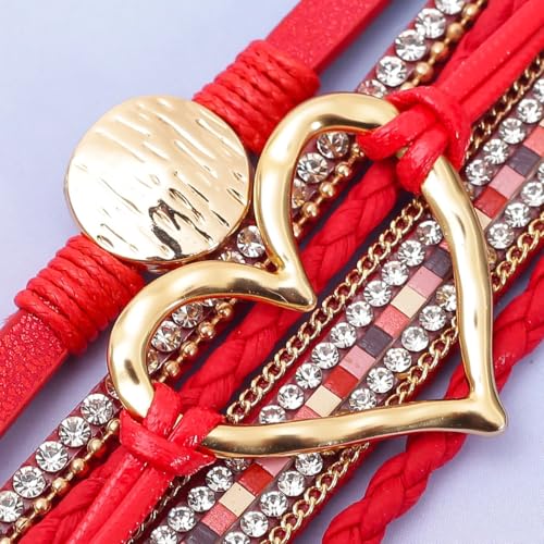 Multilayer Faux Leather Wrap Bracelet with Open Heart Charm Bohemian Stackable Crystal Clasp Bracelet for Women Birthday Gift - color: Red