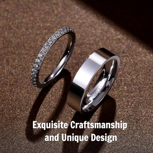 2 Pack Sterling Silver Eternity Ring & Gold Band for Women, 2mm CZ Stackable Wedding Engagement Promise Rings, Simple 5mm Plated Band, Size 5-10, Gift Jewelry Set - color: Silver, size: 5