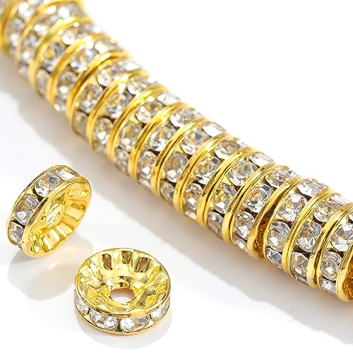 100Pcs Rondelle Spacer Beads Round Crystal Charms Czech Rhinestone Silver Plated Spacer Loose Beads for DIY Bracelet Necklace Jewelry Making Supplies (4MM, Gold White) - color: Gold White, size: 4MM