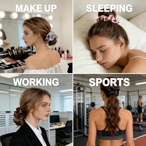 Big Satin Scrunchies for Women, 5.2 Inches Large Scrunchie, Silk Elastic Ponytail Holders for Girls, Jumbo Hair Ties for Thick/Curly Hair, Soft Scrunchy No Crease No Pilling, 4 Pack - color: Black+Coffee