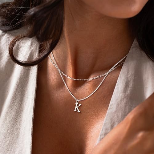 MBW Dainty Silver Layered Initial A-Z Pendant Necklaces for Women Thin | Simple Waterproof 925 Silver Plated Necklace Figaro Choker Monogram Name Jewelry Set Personalized - color: Silver InitIal NK-K