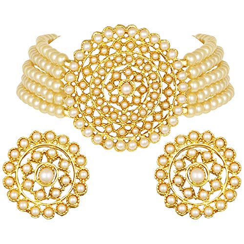 Aheli Pearl Diamond Choker Necklace & Round Earrings Gift for Women Indian Traditional Bollywood Fashion Bharatanatyam jewellery set - color: Cream