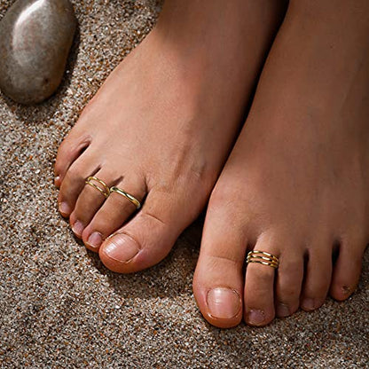 ADRAMATA Gold Toe Rings for Women Non Tarnish-14K Gold Gilled Toe Ring Set | Waterproof Adjustable Open Toe Rings Hypoallergenic,Thin Bands,Summer Beach Foot Jewelry,Simple 1mm 2mm 3mm Band Ring.3 PCS - style: 2mm+Layered Toe Rings