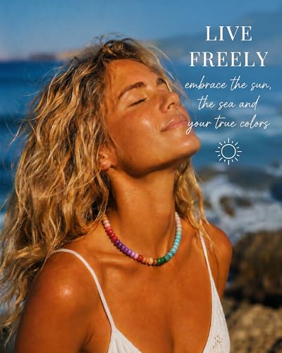 AMOREA Colorful Natural Gemstone Choker Necklace for Women, 5x8mm Genuine Stone Beads, Gold Accent Collarbone Necklace, Summer Vacation Jewelry - color: Rainbow Aura