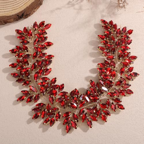 Missgrace Women Silver Green Black Red Blue Handmade Full Crystal Rhinestone Large Headband Hair Vine Shinny Headpiece Bridal Wedding Hair Accessories for Women (Red) - color: Red
