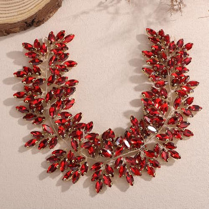 Missgrace Women Silver Green Black Red Blue Handmade Full Crystal Rhinestone Large Headband Hair Vine Shinny Headpiece Bridal Wedding Hair Accessories for Women (Red) - color: Red