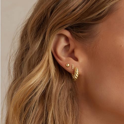 Freekiss 3 Pairs Hoop Earrings Set - Dainty Stud Dangle Cartilage for Women | Hypoallergenic Earrings, Cubic Zirconia Stackable Trendy Small Set Jewelry Gifts for Women - style: 2 Ball Stud+Twisted Hoop-GD