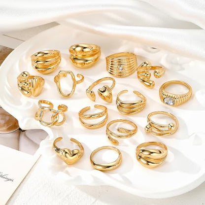 17IF 16 Pcs Chunky Gold Rings Set for Women, 14K Gold Plated | Classic Thick Adjustable Rings, Stackable Midi Finger Womens Stack Ring Pack for Jewelry Gifts - style: Golden-B