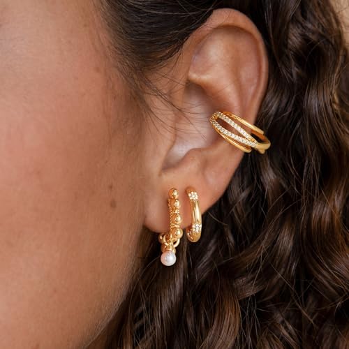 DREMMY STUDIOS Gold Dainty Huggie Hoop Earrings 18K Gold Plated Exquisite Open Tassel Dangle Charm Drop Sleeper Geometric Cross Coin Star Heart White CZ Simple Hypoallergenic Earrings for Women - color: Dangle Ball-Pearl