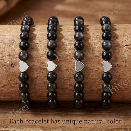 Bivei Crystal Stretch 6mm Bracelets for Women | Handmade Natural Stone Beaded Stretch Bracelet, Stainless Steel Heart Bead, Tranquility Yoga Gift Jewelry for Women - color: Obsidian - Protective