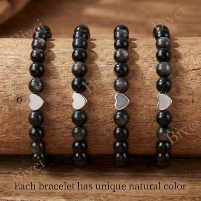 Bivei Crystal Stretch 6mm Bracelets for Women | Handmade Natural Stone Beaded Stretch Bracelet, Stainless Steel Heart Bead, Tranquility Yoga Gift Jewelry for Women - color: Obsidian - Protective