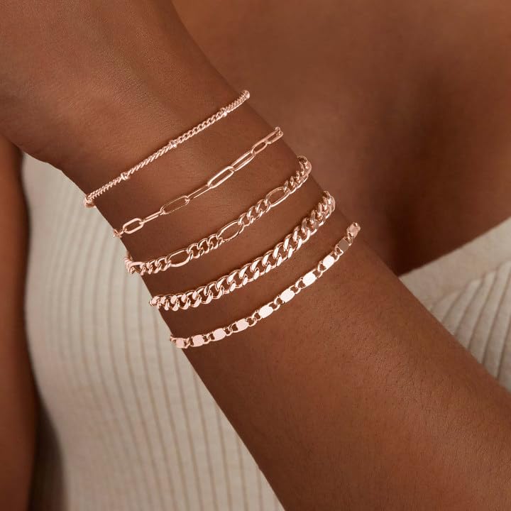 Gold Bracelets Set for Women Non Tarnish Trendy,14K Gold Plated Dainty Stackable Paperclip Cuban Link Chain Bracelets, Simple Cute Cuff Bracelets Jewelry Set Adjustable 7"+2" - color: Rose Gold
