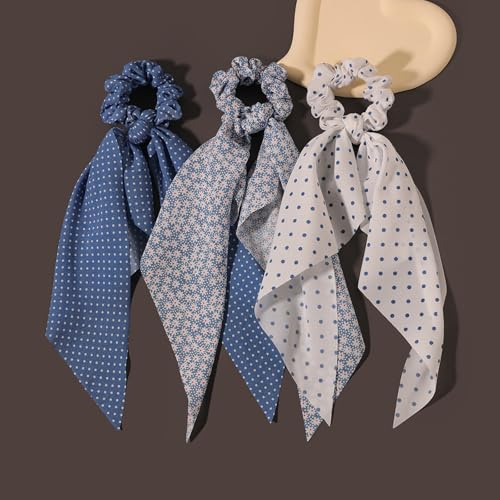 LFOUVRE Elastic Hair Scrunchies and Ribbons - Knotted Bow Hair Ties, Scarf Scrunchies Ponytail Holders for Women and Girls 3pcs - color: White Light Blue Royal Blue