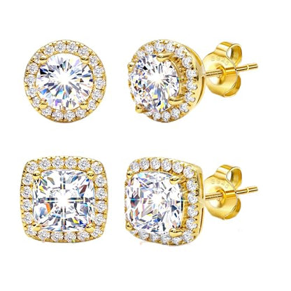 2 Pairs S925 Sterling Silver Stud Earrings for Women Halo Cubic Zirconia | 14K Gold Plated Hypoallergenic Non Tarnish Round Square Silver Stud Earring for Women Men Dainty Trendy Jewelry - style: Gold-Medium Stone