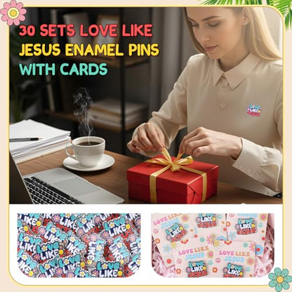 Sayglossy 30 Sets Love Like Jesus Pins on Card Bulk Religious Groovy Jesus Pins Gifts Christian Enamel Lapel Pin with Card for Man Women Church Home Classroom Sunday School Party Supplies Gift - style: Love Like Jesus