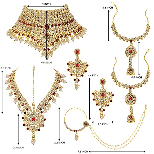 Aheli Bollywood Style Indian Bridal Choker Necklace Matha Patti Nose Ring Haath Phool Wedding Fashion Bharatanatyam jewellery set for Women - color: Champagne-Red