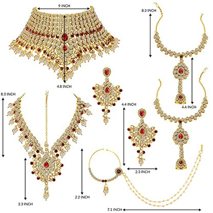 Aheli Bollywood Style Indian Bridal Choker Necklace Matha Patti Nose Ring Haath Phool Wedding Fashion Bharatanatyam jewellery set for Women - color: Champagne-Red