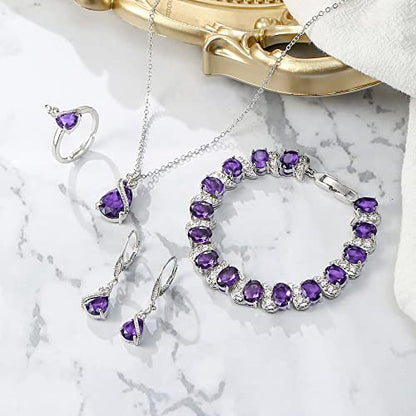 Jewelry Set for Bride, Sparkling Water Drop Cubic Zirconia Crystal Pendant Necklace Leverback Earrings Tennis Bracelet Adjustable Ring Gift for Wedding/Birthday/Mother's Day/Christmas - color: 02-Purple Silver-Tone