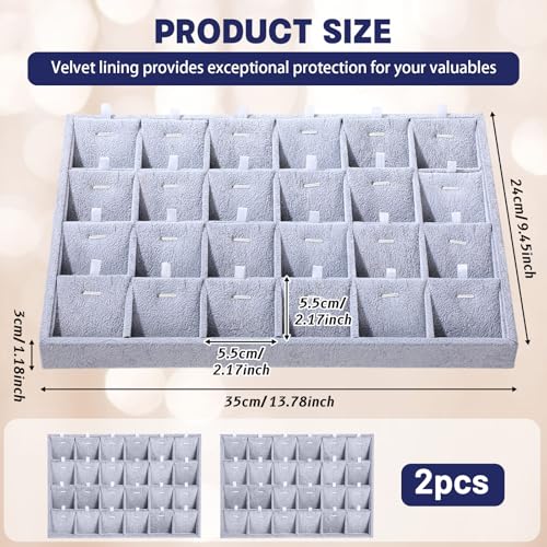 2 Pcs 24 Grid Stackable Jewelry Organizer Tray with Removable Dividers Ice Velvet Jewelry Display Showcase Tray for Necklace Earring Ring Bracelet Holder (Gray Velvet) - color: Gray Velvet