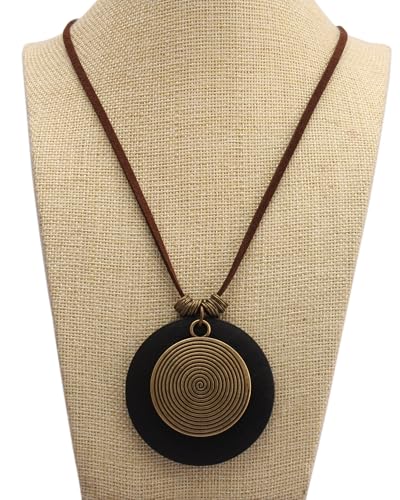 GelConnie Leather Necklace for Women Round Wooden Pendant Long Leather Choker Vintage Sweater Necklace Gold Chunky Boho Necklaces for Women - style: Black Wooden Necklae
