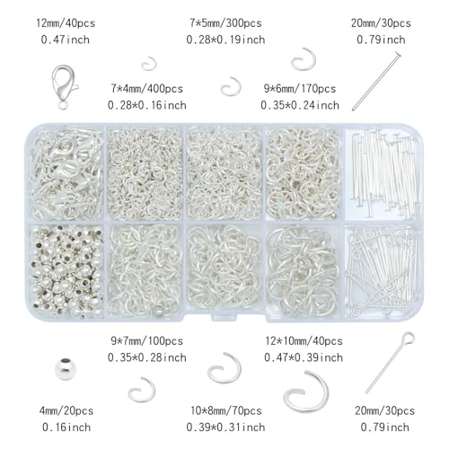 Jump Rings for Jewelry Making Kit, Open Jump Rings Jewelry Repair Kit for Adult Necklace Bracelet, Lobster Clasps and Closures Repair Supplies Kit, (White Silver) - color: White Gold