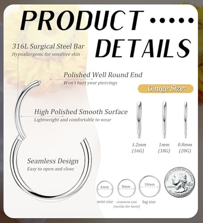 3pcs Nose Rings Hoops - 316L Surgical Steel Nose Hoops 16G/18G/20G CZ Opal Turquoise Clicker Septum Nose Ring Lip Helix Cartilage Hoop Earring Daith Rook Conch Body Piercing Jewelry for Women Men 6mm 8mm 10mm - color: Silver, size: 20 gauge(0.8mm)-8mm
