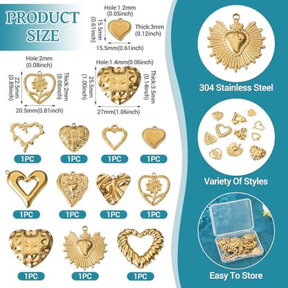 Craftdady 11Pcs Stainless Steel Tiny Heart Charms 18K Gold Plated Sweet Love Heart with Sunflower Charm Bulk for Jewelry Making Charms Christmas Valentine Day Gift Craft Supplies（Golden）