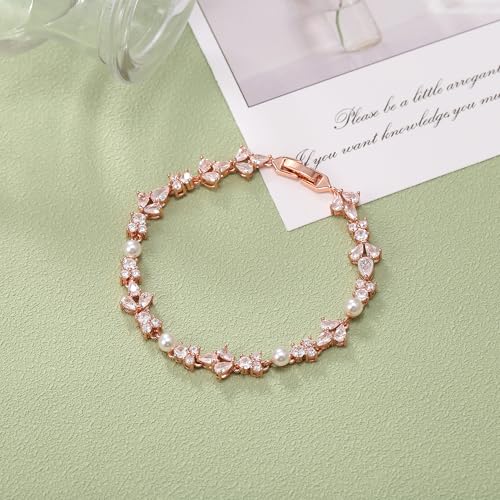 EVER FAITH Cubic Zirconia Pearl Bridal Prom Tennis Bracelet for Women | Elegant Pear CZ Wedding Jewelry Gift, for Bride Bridesmaid - style: Floral_Rose Gold-Plated-Brass