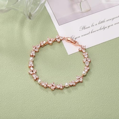 EVER FAITH Cubic Zirconia Pearl Bridal Prom Tennis Bracelet for Women | Elegant Pear CZ Wedding Jewelry Gift, for Bride Bridesmaid - style: Floral_Rose Gold-Plated-Brass