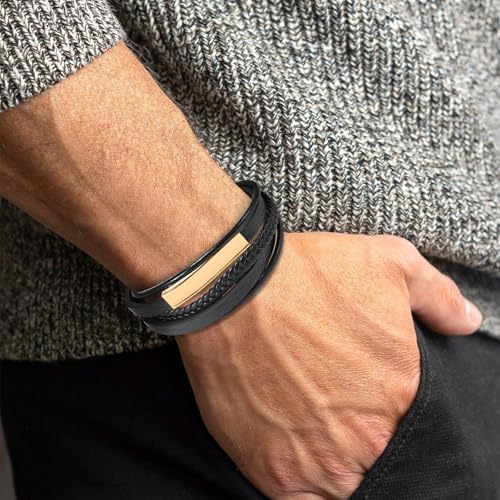 Leather Bracelet for Men Braided Stainless Steel Mens Bracelets - color: Gold