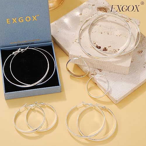 EXGOX 5mm Wide Gold Hoop Earrings for Women,Sterling Silver Hoop Earrings Large Silver Hoop Earrings Hypoallergenic Lightweight 14K Real Gold Plated Big Hoop Earrings for Women 30/40/50/60/70mm - color: Silver Color/60MM