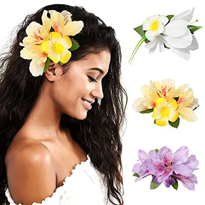 HAIMEIKANG Hair Clip, 3 Pieces Hawaiian Flower Hair Pins - Artificial Tropical Flower Hair Accessories for Women in White, Yellow, Purple (3 Count, 1 Package) | Tropical Flower Clips for Luau party, Beach Vacation & Daily Styling. Perfect Hawaiian Hair Ac