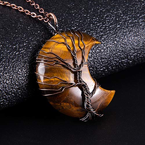 Bivei Life Tree Crescent Moon Necklaces for Women | Copper Wire Wrap Gemstones Pendant Crystals and Natural Stones Necklace Witch Jewellery Christmas Valentine's Day for Friends - color: Brown - Tiger Eye Stone, style: Pack of 1
