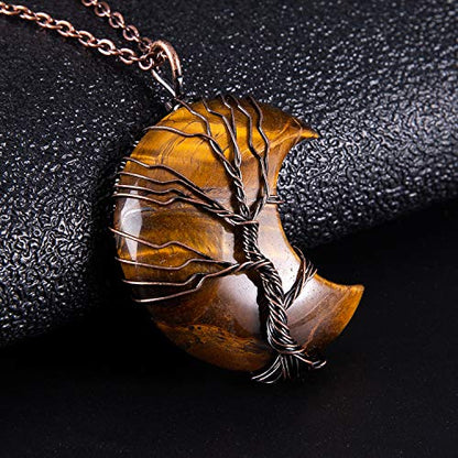 Bivei Life Tree Crescent Moon Necklaces for Women | Copper Wire Wrap Gemstones Pendant Crystals and Natural Stones Necklace Witch Jewellery Christmas Valentine's Day for Friends - color: Brown - Tiger Eye Stone, style: Pack of 1