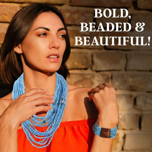 Shop LC Seed Bead Necklace Bracelet Set Boho Jewelry for Women | Multi Layered Boho, Wooden Clasp, 18 Inch Necklace, Stretchable Bracelet - color: Blue