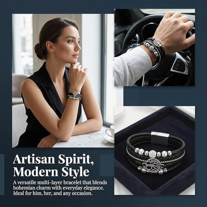 Multi-Layer Bracelets for Women Leather Wrap Bracelet Ethnic Style Layered Beads Cuff Boho Bangle for Everyday Wear Jewelry Gift - color: White