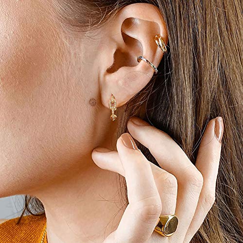 Huggie Hoop Earrings 14K Gold Plated Cubic Zirconia Dainty Simple Cute Beads Elegant CZ Circle Small Hoop Earring for Women Minimalist Handmade Hypoallergenic Jewelry - color: Link Hoop