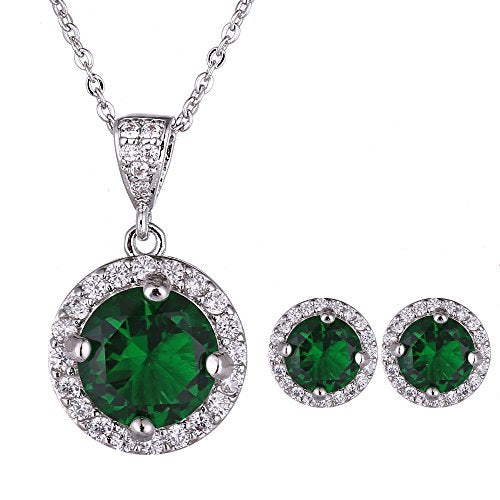 AMYJANE Halo Crystal Jewelry Set - Sterling Silver Round Cubic Zirconia Crystal Bridal Pendant Necklace Earrings Set for Wedding Bride Bridesmaids - color: Emerald