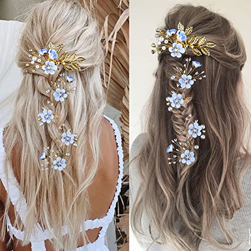 5 PCS Bridal Flower Wedding Hair Pins Crystal Pearl Hair Clips Headpiece Gold Wedding Hair Accessories Jewelry with Rhinestone for Brides Bridesmaids Women Girls Updo, Special Cream Blue - color: Exquisite Flower Leaves&Special Cream Blue