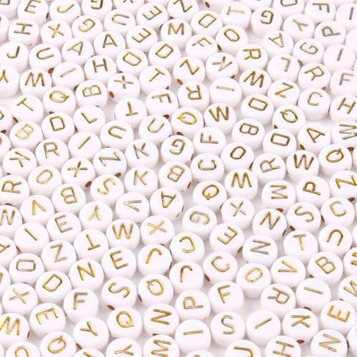 Acrylic Letter Beads Alphabet Gold Letter White Cube Beads for Friendship Bracelets and Gifts Souvenir Jewelry Making(7 * 4mm Round,1000pcs) - color: Gold White(Round)