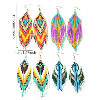 Bohemian Tassel Colorful Beaded Earrings For Women Trendy, Long Fringe Feather Drop Jewelry Handmade Gifts. - color: color4