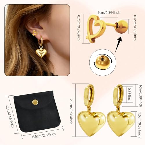Gold Plated Post Heart Charm Huggie Earrings Stud Earrings for Women Lightweight Love Heart Drop Dangle Charm Earring