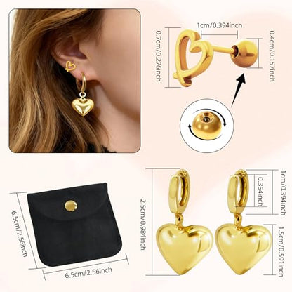 Gold Plated Post Heart Charm Huggie Earrings Stud Earrings for Women Lightweight Love Heart Drop Dangle Charm Earring