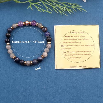 KSQS Healing Stone Bead Bracelet for Women, Natural Gemstones Balance Protection Bracelet, Spiritual Crystal Beads Bracelet Anxiety Relief with Meaning Card - color: Anxiety Stress