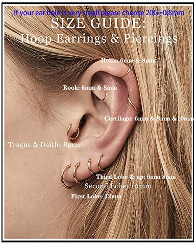 Unisex Dainty Tiny 18k Real Gold Plating Cartilage Huggie Hoop Earrings, 16G Surgical Steel Small Endless Hinged Hoops Earring for Earlobe Cartilage Helix Rook Daith Conch Nose Lip Body Piercing Jewelry - color: 20G(0.8mm) - Gold 6/8/10mm
