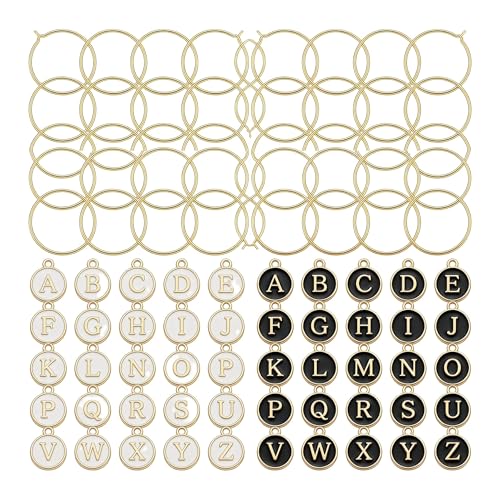 112 Pcs Wine Glass Charms Set, 60 Gold Hoop Rings + 52 Black & White Letter Beads Enamel Initial Charms, Zinc Alloy Iron Drink Markers for Stem Glasses, Wine Charm Identifier for Thanksgiving Christmas Party Favors Decor