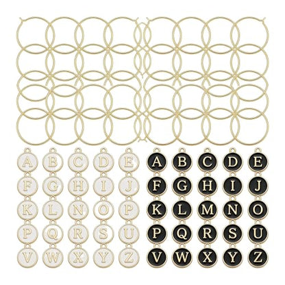 112 Pcs Wine Glass Charms Set, 60 Gold Hoop Rings + 52 Black & White Letter Beads Enamel Initial Charms, Zinc Alloy Iron Drink Markers for Stem Glasses, Wine Charm Identifier for Thanksgiving Christmas Party Favors Decor